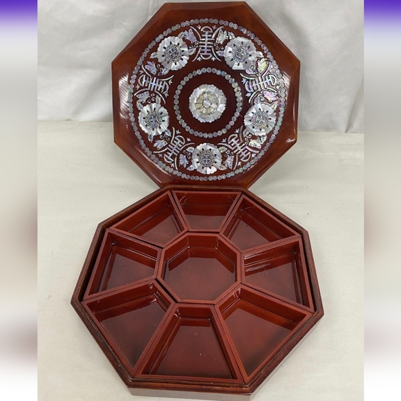 Vintage Mother Of Pearl Inlay Wooden Box With Inserts 11.5" - Picture 2 of 5